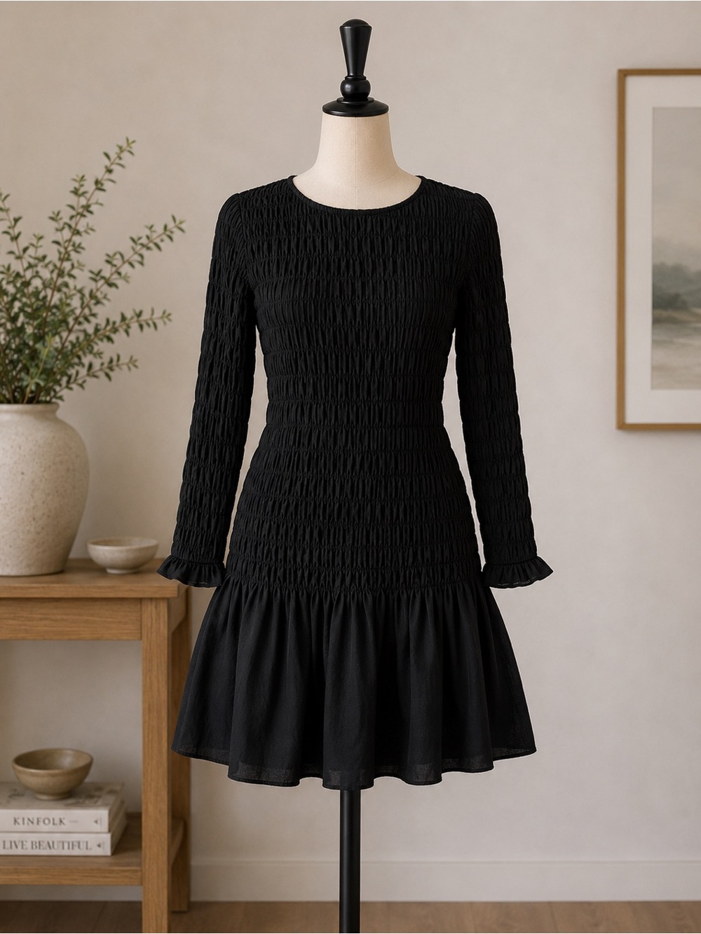 Banana Republic Black Smocked Long-Sleeve Drop Waist Dress NWT